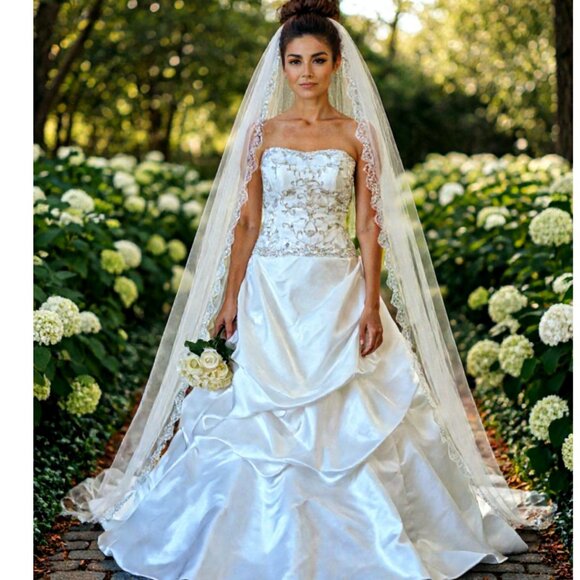 Oleg Cassi  David's Bridal Elegant  Strapless Gown with Embellished Bodice 16 - Picture 6 of 17